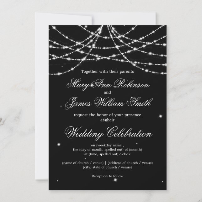 Elegante Wedding Sparkling String Black Einladung (Vorderseite)