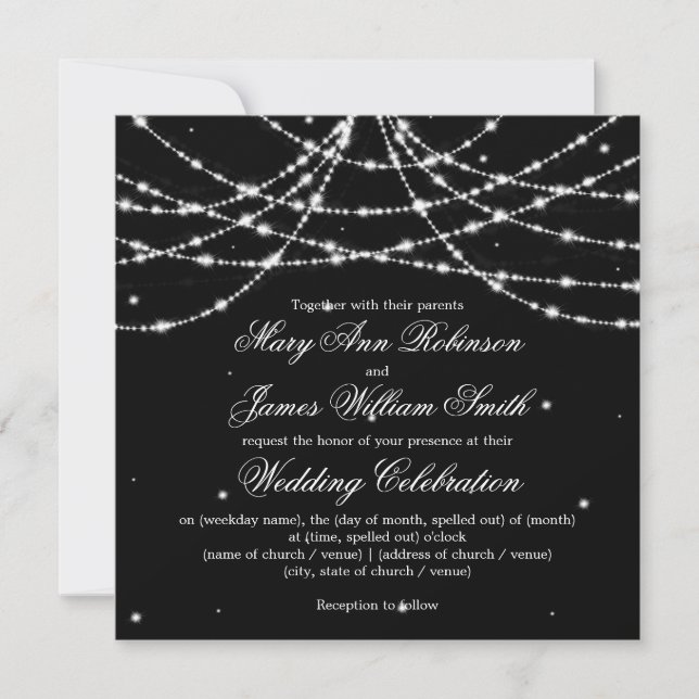 Elegante Wedding Sparkling String Black Einladung (Vorderseite)