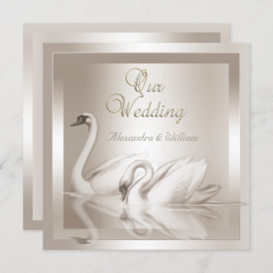 Elegante Wedding Swans Damask Cream White Einladung