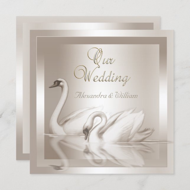 Elegante Wedding Swans Damask Cream White Einladung (Vorne/Hinten)