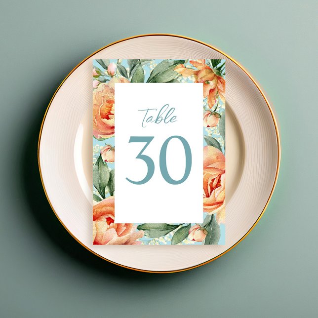 Elegante Wedding Tischnummer Blue Peach Floral (Elegant watercolor wedding table number with peach and blue floral. )