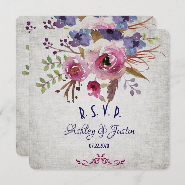 Elegante Wedding Watercolor Blume RSVP Card Einladung (Vorne/Hinten)