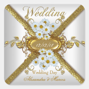 Elegante Wedding White Daisy Blume Gold Quadratischer Aufkleber