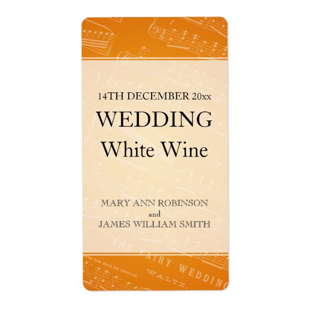 Elegante Wedding Wine Label Sheet Music Orange (Vorne)