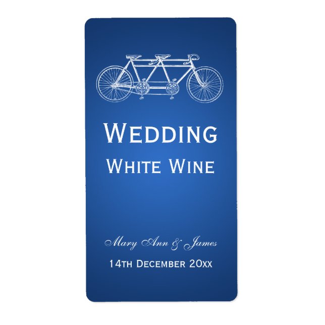 Elegante Wedding Wine Label Tandem Bike Blau (Vorne)