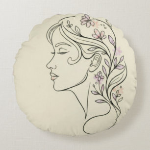 Elegante weibliche Blumenliniengrafik Rundes Kissen