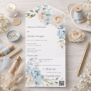 Elegante weiche blaue Blumenhochzeit All In One Einladung