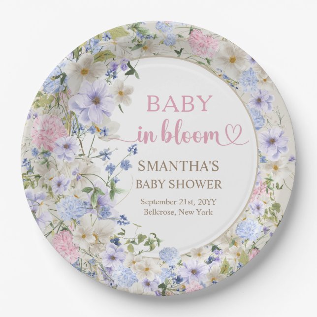 Elegante weiche pastellfarbene Wildblumen rosa hel Pappteller (Vorderseite)