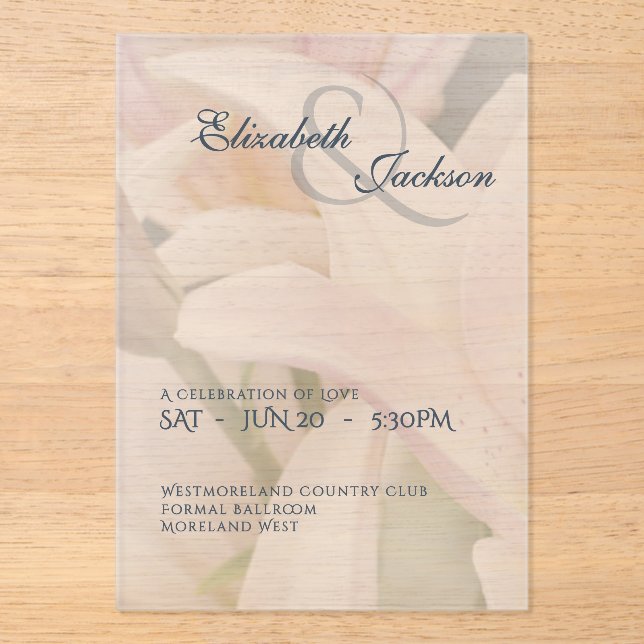 Elegante weiche romantische Blumen-Lilie-Script-Ho Acryleinladungen (Vorderseite)