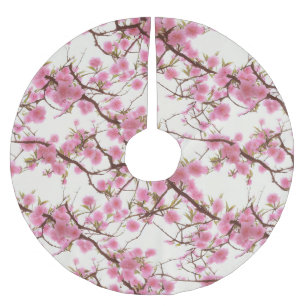 Elegante weiche rosa Kirschblüten Floralien   Polyester Weihnachtsbaumdecke