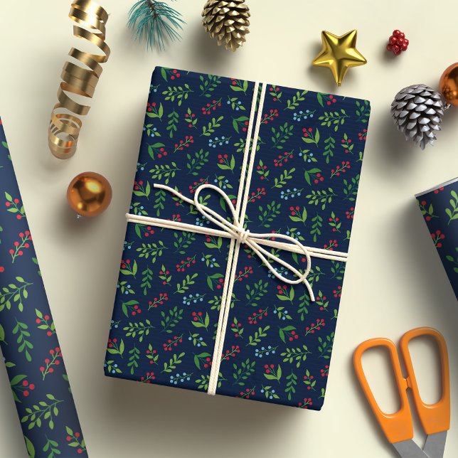 Elegante Weihnachten Berry und Leaf Pattern Navy B Geschenkpapier (Von Creator hochgeladen)