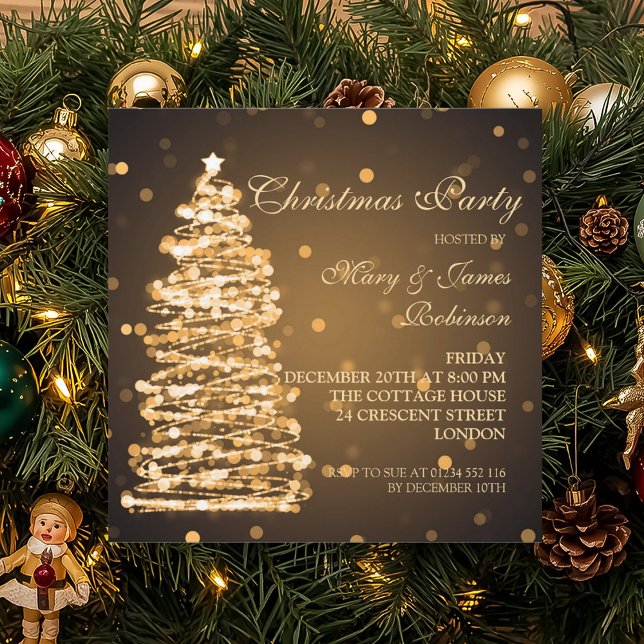 Elegante Weihnachten Bokeh Tree Holiday Party Gold Einladung (Elegant Christmas Bokeh Tree Holiday Party Gold Invitation)