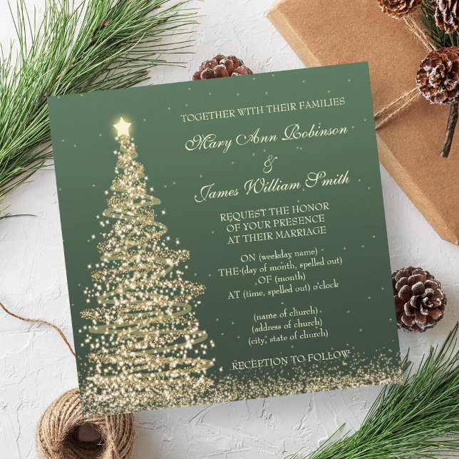Elegante Weihnachten Hochzeit Gold Green Einladung (Elegant Christmas Wedding Gold Green Invitation)