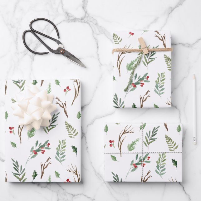 Elegante Weihnachten Rote Berry Botanische Wasserf Geschenkpapier Set (Vorderseite)