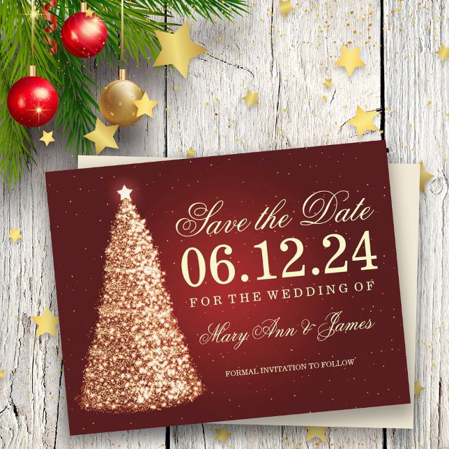 Elegante Weihnachten Save the Date Gold Red Ankündigungspostkarte (Von Creator hochgeladen)