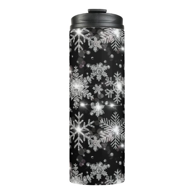 Elegante Weihnachten Schwarz-weiße Silberschneeflo Thermosbecher (Vorderseite)