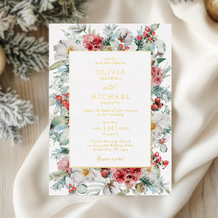 Elegante Weihnachts-Blumen-Winterhochzeit Folieneinladung