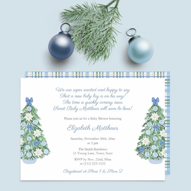 Elegante Weihnachts Chinoiserie Poem Boy Baby Show Einladung (Maximalist blue and white decorated holidays tree for Christmas baby shower for boy party invitation)