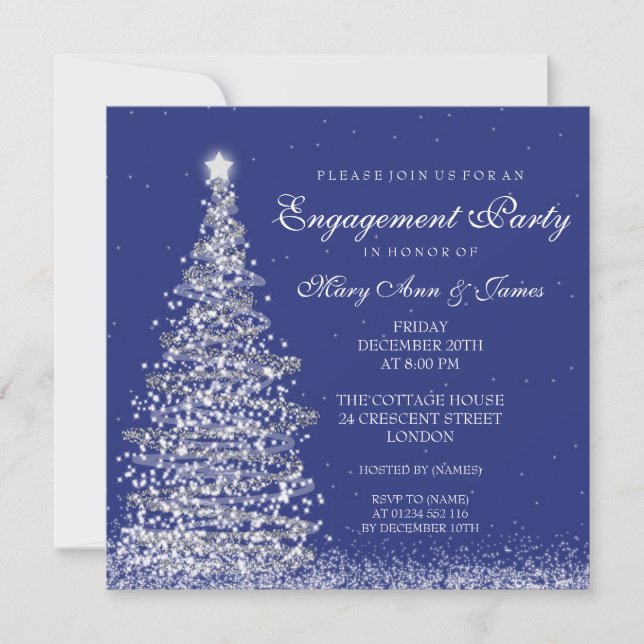 Elegante Weihnachts-Engagement Partei Silver Navy Einladung (Vorderseite)