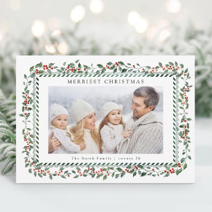 Elegante Weihnachts-Foto mit Stechpalmenbeeren Feiertagskarte