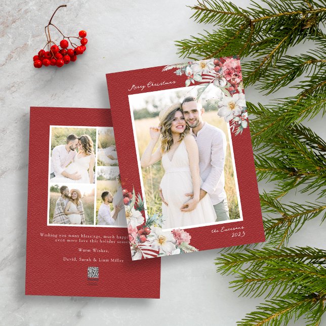 Elegante Weihnachts-Fotocollage Urlaubskarte Feiertagskarte (Red Merry Christmas Photo Collage Holiday Card with Elegant Watercolor Botanical Florals Berries)