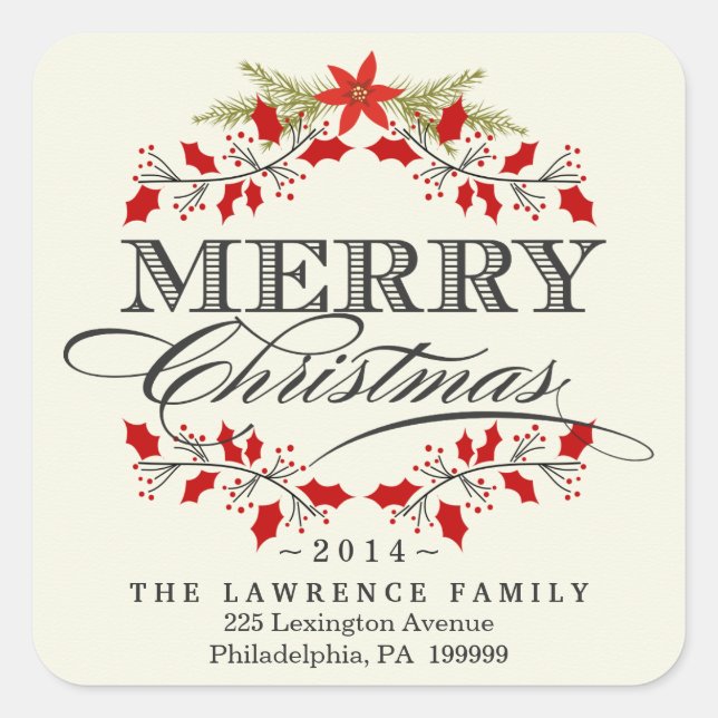 Elegante Weihnachts Holly Wreath Square Stickers (Vorderseite)