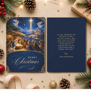 Elegante Weihnachts-Krippenszene Blau Gold Feiertagskarte