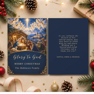 Elegante Weihnachts-Krippenszene Blau Gold Feiertagskarte