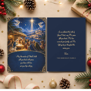 Elegante Weihnachts-Krippenszene Blau Gold Feiertagskarte