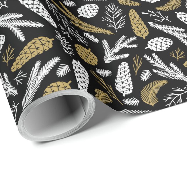 Elegante Weihnachts-Pine Cone Schwarz und Gold Geschenkpapier (Rolleneckpunkt)