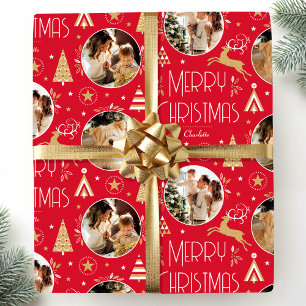 Elegante Weihnachts-Rentier-Foto-Collage Rot Gold Geschenkpapier