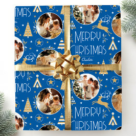 Elegante Weihnachts-Rentierfoto Collage Blue Gold Geschenkpapier