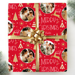 Elegante Weihnachts-Rentierfoto Collage Red Gold Geschenkpapier