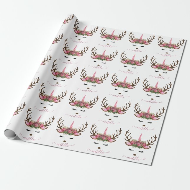 Elegante Weihnachts-Rose Gold Glitzer Einhornwild Geschenkpapier (Ungerollt)