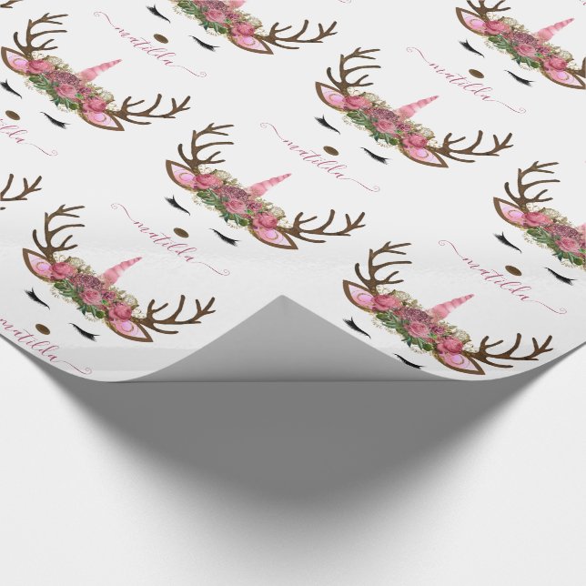 Elegante Weihnachts-Rose Gold Glitzer Einhornwild Geschenkpapier (Ecke)