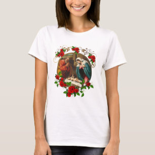 Elegante Weihnachts-Rote Rosen Krippe Heilige Fami T-Shirt
