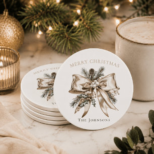 Elegante Weihnachts-Schleife personalisierte Unter Runder Pappuntersetzer