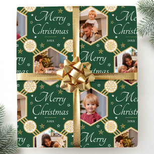 Elegante Weihnachts-Schneeflocken-Foto-Collage Grü Geschenkpapier