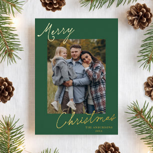 Elegante Weihnachts-Schriftzug Grüne Foto-Karte Folien Feiertagskarte