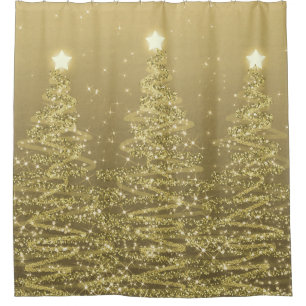 Elegante Weihnachts Sparkling Bäume Gold Duschvorhang