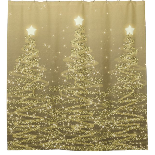 Elegante Weihnachts Sparkling Bäume Gold  Duschvorhang (Vorderseite)