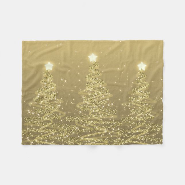 Elegante Weihnachts Sparkling Bäume Gold Fleecedecke (Vorderseite (Horizontal))