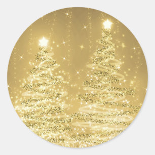Elegante Weihnachts Sparkling Bäume Gold Runder Aufkleber