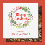 Elegante Weihnachts-Wasserfarbenkreuzkarte<br><div class="desc">Ein hübscher Blumenkranz in Aquarellfarbe Magnet Weihnachtskarte. Personalisieren Sie es mit Ihrem Familiennamen und einem Foto. Entworfen für Sie von BlackBerry Boulevard.</div>