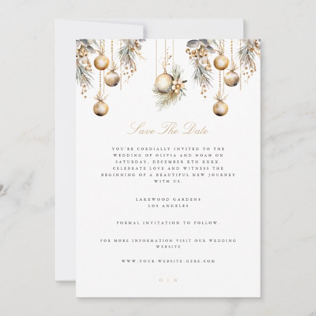 Elegante Weihnachts-White-Save the Date-Hochzeitka Ankündigung (Vorderseite)