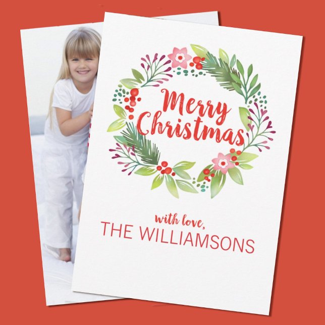 Elegante Weihnachts-Wreath-Foto-Urlaubskarte Feiertagskarte (Add your family photo to this elegant watercolor wreath Christmas card.)
