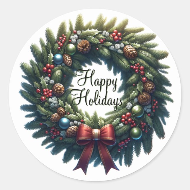Elegante Weihnachts-Wreath Happy Holidays Runder Aufkleber (Vorderseite)
