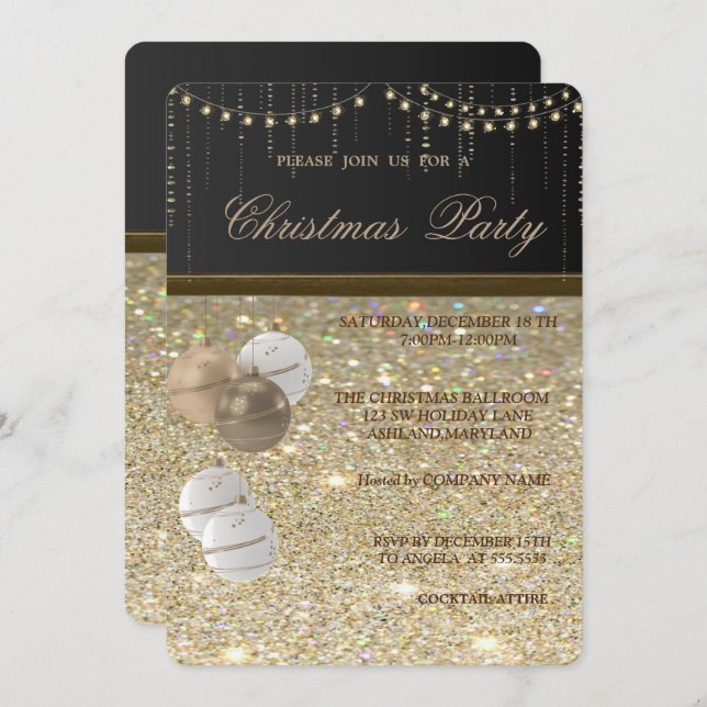 Elegante Weihnachtsbälle, Glitterie, Weihnachts-Pa Einladung (Vorne/Hinten)