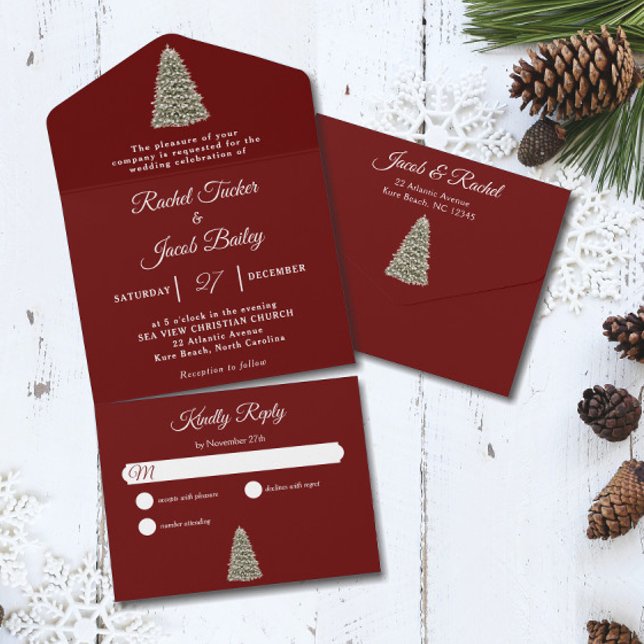 Elegante Weihnachtsbaum Dark Red Christmas All In One Einladung (Christmas Tree Dark Red All-in-one Seal and Send Wedding Invitation)