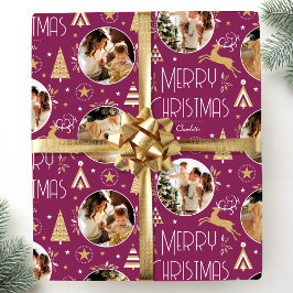 Elegante Weihnachtsbaum Reindeer Foto Collage Plum Geschenkpapier